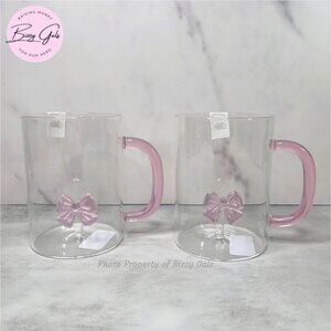 Dolce Vita Floating Glass Pink Bow Coffee Mug Set of 2 - Coquette